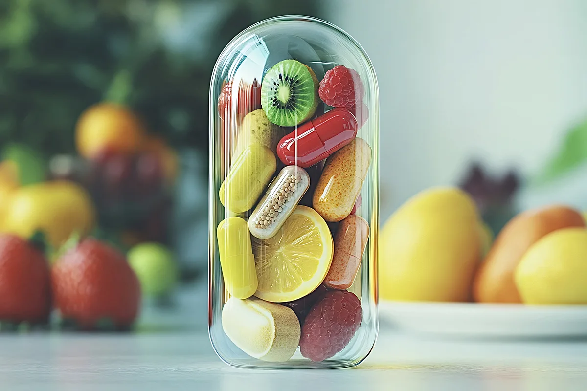 Il concetto di carenze di vitamine illustrato da questa capsula di vetro chiusa di una pillola ricca di vitamine e frutta a fette.