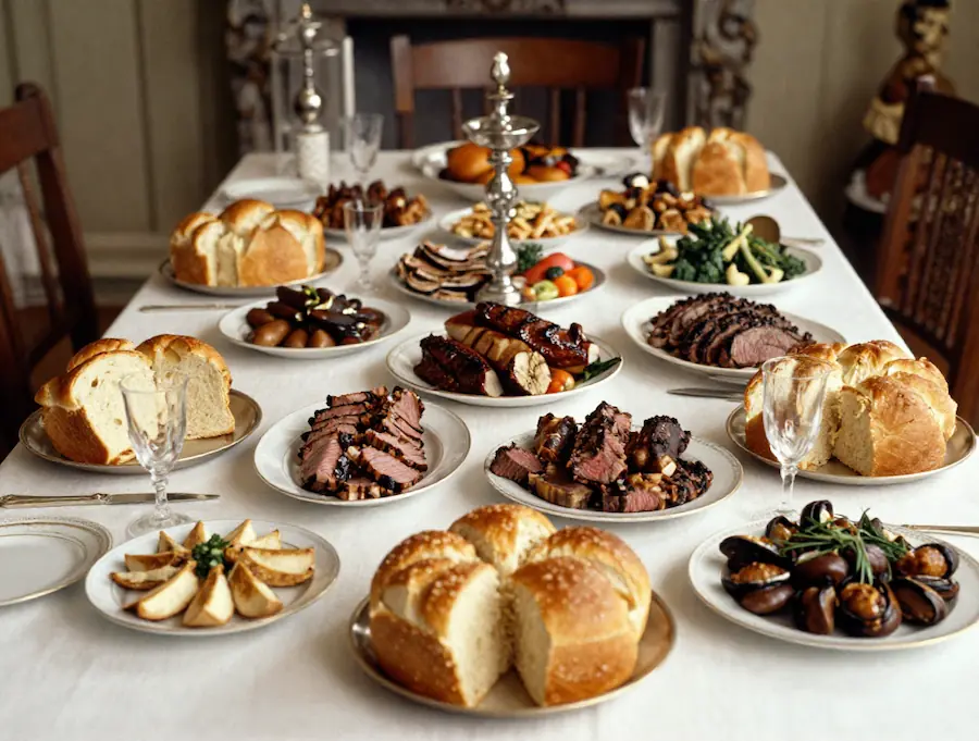 Una tavola imbandita (carne di manzo, pane bianco, ecc.) come una cena regale, che suggerisce l’idea di morire di fame con lo stomaco pieno.