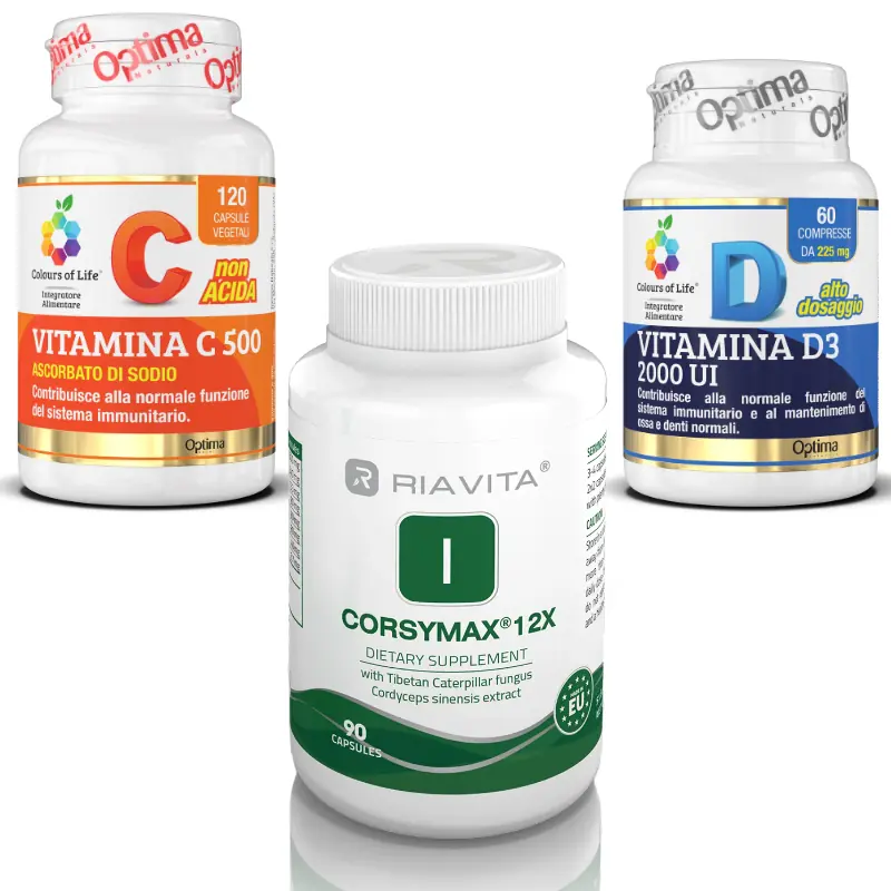 Kit Difese Immunitarie Autunno con flaconi di Vitamina C 500, Vitamina D3 2000 UI e Corsymax 12x Essevitam.