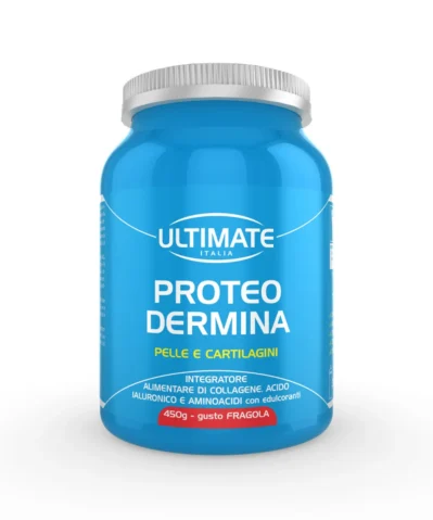 Confezione di Proteo Dermina Ultimate Italia 450g integratore di collagene idrolizzato e acido ialuronico anti-age. Gusto fragola.