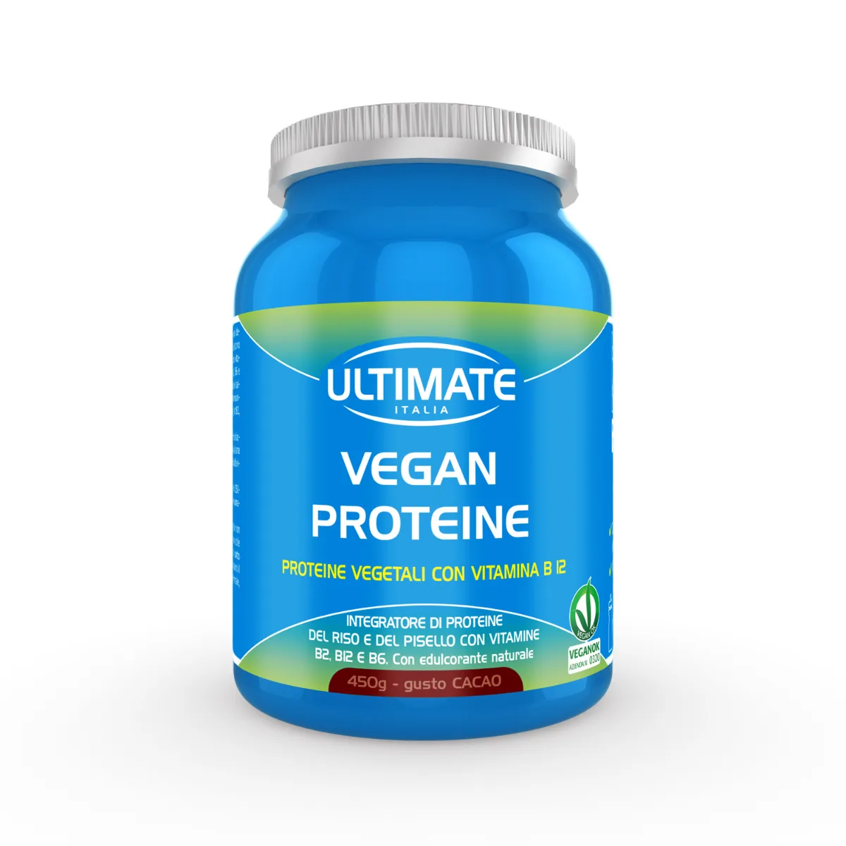 Vegan Proteine – Integratore Proteico Vegetale (Riso e Pisello) con Vitamine B e Stevia (450 g) 1 Integratore Vegan Proteine 450 g proteine vegetali riso e pisello Essevitam. Gusto cacao.