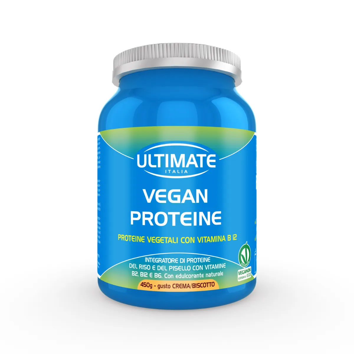 Vegan Proteine – Integratore Proteico Vegetale (Riso e Pisello) con Vitamine B e Stevia (450 g) 3 Integratore Vegan Proteine 450 g proteine vegetali riso e pisello Essevitam. Gusto crema/biscotto.
