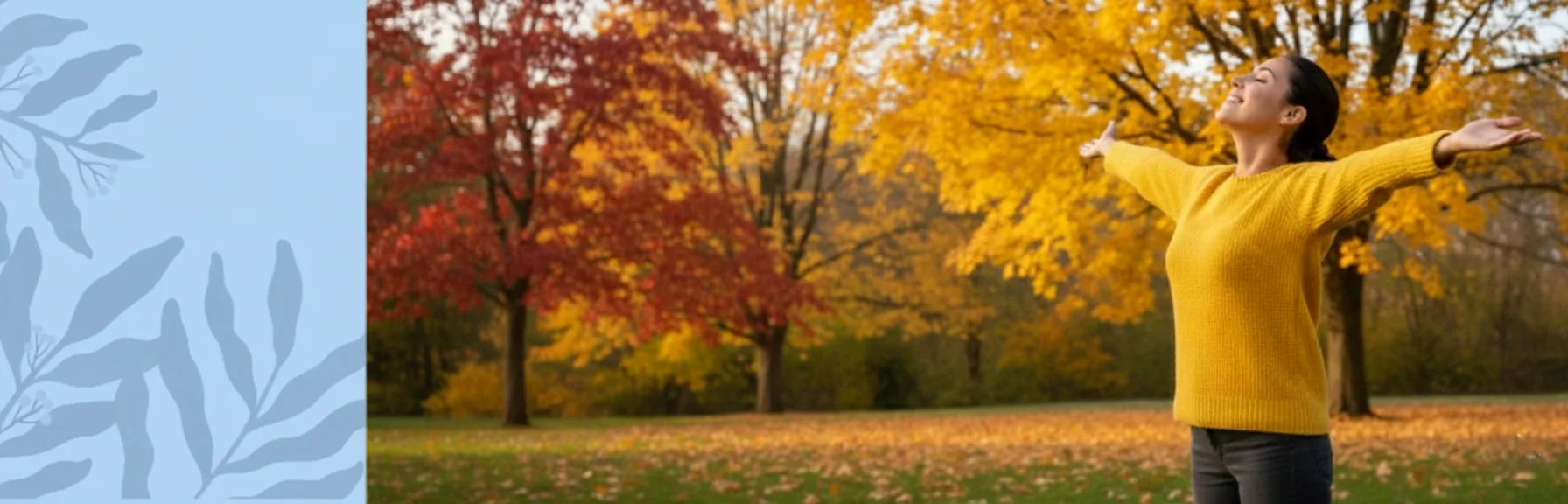 Esse Vitam hero banner autum. Una donna felice e energetica.